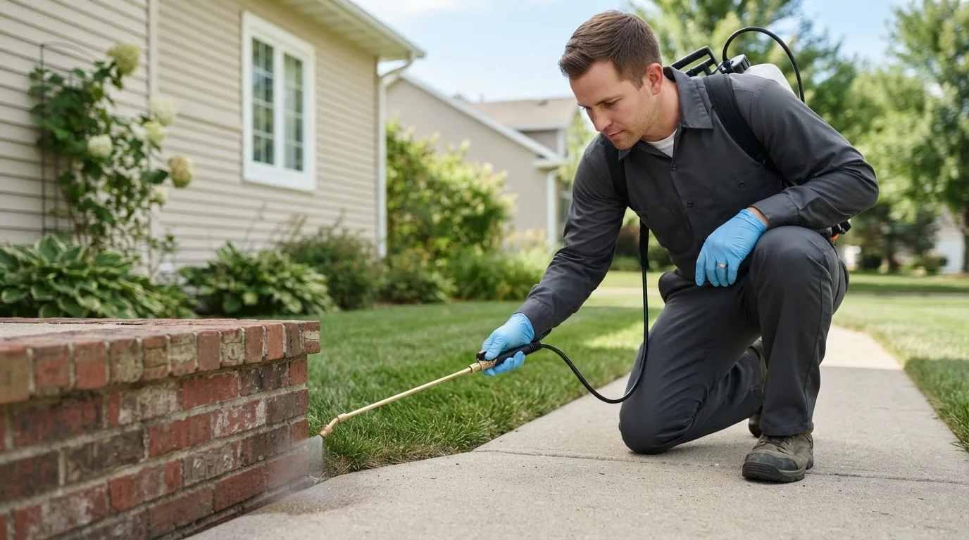 Pest control technician treating a home near West Burlington, NY