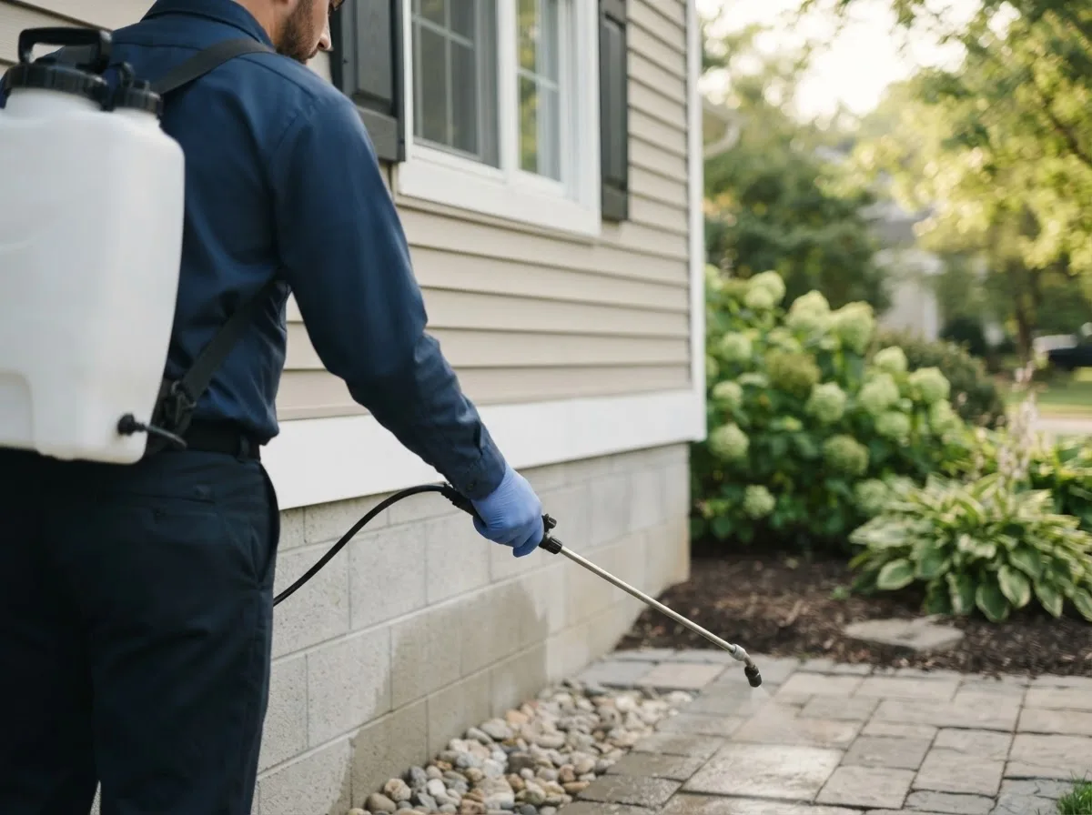 Pest control technician inspecting a home in West Burlington, NY